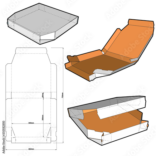 Size 30x30cm Pizza Box Self Asembly (with out needing a glue) and Die-cut Pattern. The .eps file is full scale and fully functional. Prepared for real cardboard production.