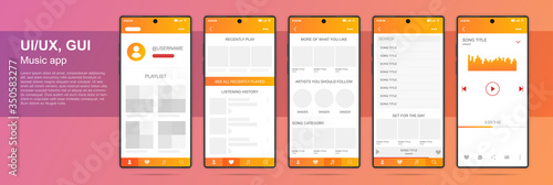 Music player concept for mobile application. UI UX design. Modern user-friendly colorful interface for media player. Detailed drawing realistic smartphone. Suitable for presentations, infographics