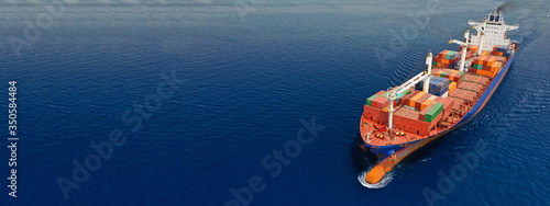 Canvas Print Aerial drone panoramic ultra wide photo of industrial container tanker ship crui
