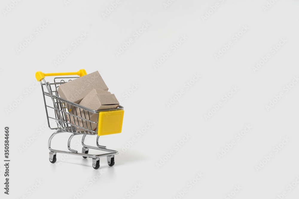 Paper brown box in stainless steel trolley isolate in white background. The concept of delivery of goods from the online store to the house