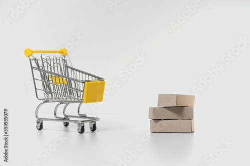 Paper brown box in stainless steel trolley isolate in white background. Home delivery concept