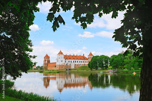 Beautiful view of Mir Castle. Castle reflection in lake water
