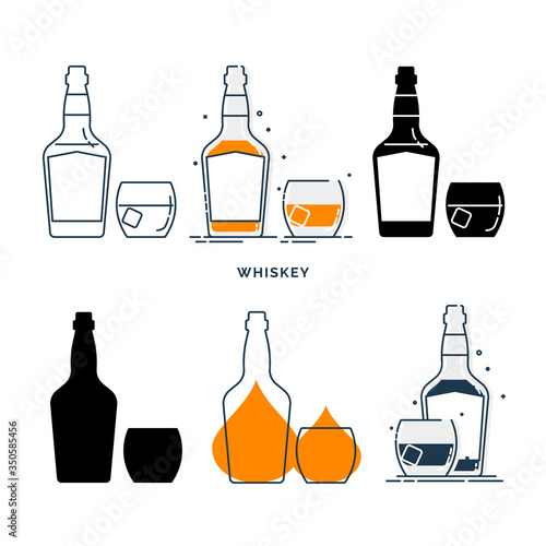Set of bottles and glasses with whiskey in different styles. Template alcohol beverage for restaurant, bar, pub. Symbol party. Collection one drink. Isolated flat illustration on white background