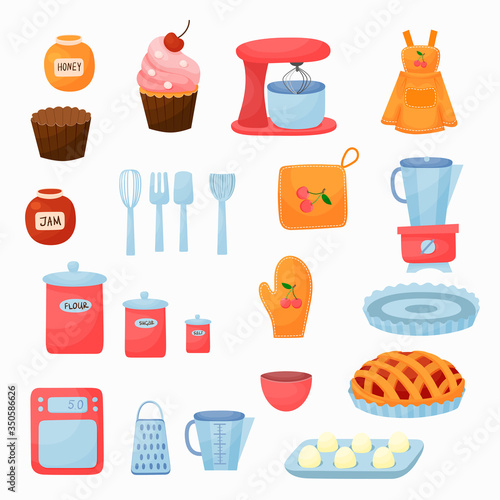 Vector cartoon illustration with baking utencils and ingredients isolated on white background