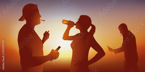 Concept de la lutte contre l’addiction au tabac et à l’alcool avec trois jeunes qui boivent de la bière en fumant des cigarettes ou de la drogue.