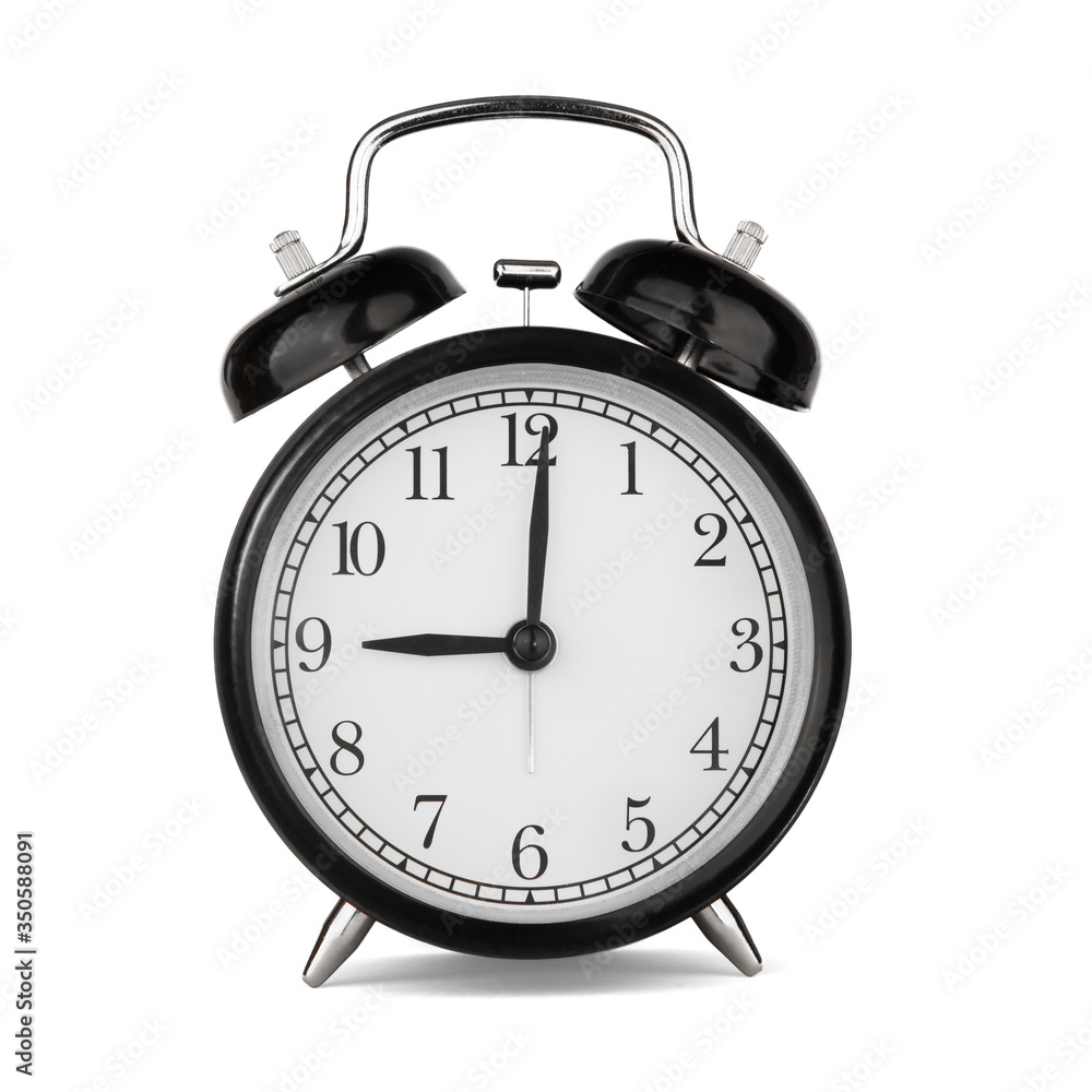 Classic round black metal alarm clock isolated on white background. 9 o'clock Classic round black metal alarm clock isolated on white background. 9 o'clock