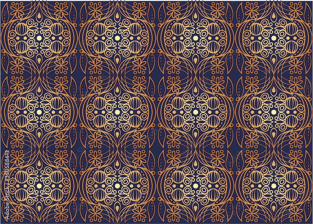 Golden textile pattern, seamless tile, trim repeating floral elements, golden stylized lines on blue background, royal textile, ornamental backdrop