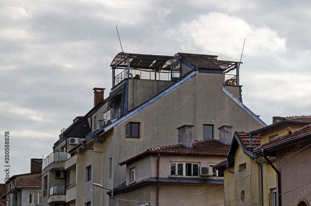Residential neighborhood with interesting modern structures maximizing the use of roof spaces, Sofia, Bulgaria   