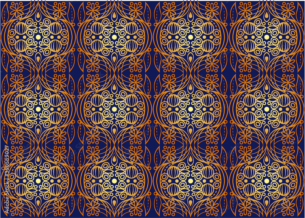 Golden textile pattern, seamless tile, trim repeating floral elements, golden stylized lines on blue background, royal textile, ornamental backdrop