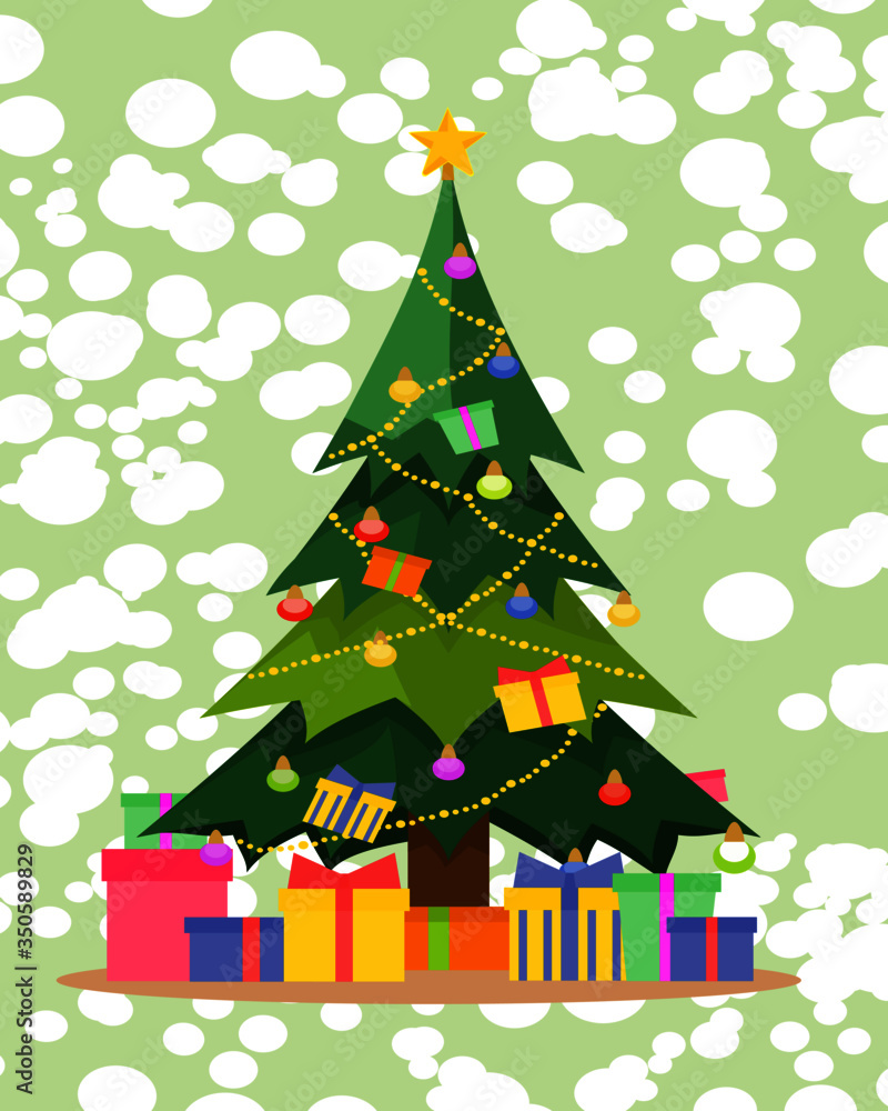 Merry Christmas and a happy new year,Christmas Tree with gift box on ground and many colorful lamp light on tree with yellow light line