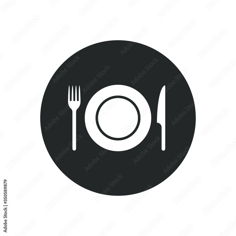 Fork knife and plate icon logo. Simple flat shape restaurant or cafe place sign. Kitchen and diner menu symbol. Vector illustration image. isolated on white background. Fork knife and plate icon logo. Simple flat shape restaurant or cafe place sign. Kitchen and diner menu symbol. Vector illustration image. isolated on white background.