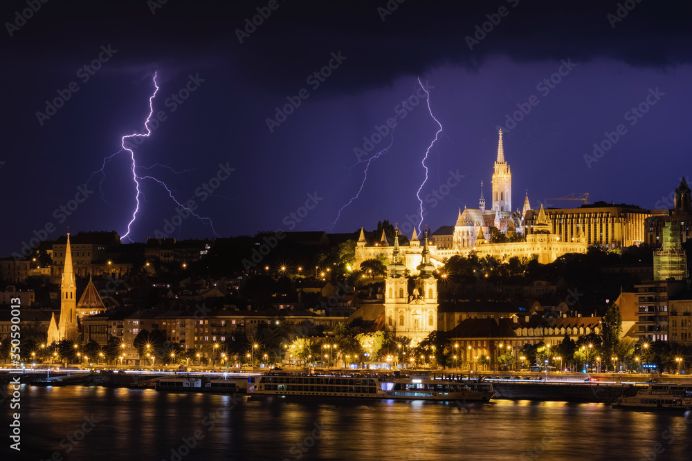 Thundersorm over the Buda side of Danube river in Budapest, Hungary