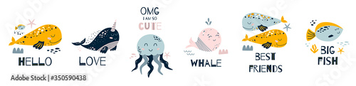 Nursery art Nursery poster Cute sea animals set. Funny whales, big fish, jellyfish and quotes, posters for baby room