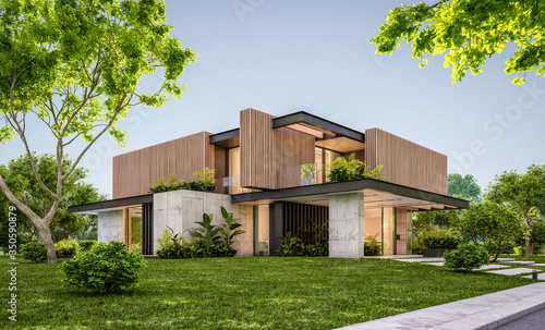 3d rendering of modern cozy house with parking and pool for sale or rent with wood plank facade and beautiful landscaping on background. Clear summer evening with cozy light from window.