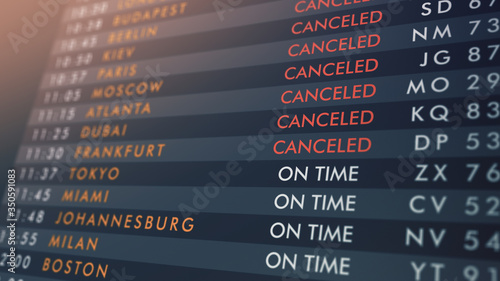 close-up of an airport departures board with flights from on time to canceled (3d render)