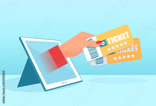 Vector of a womans hand with tickets coming from a tablet computer