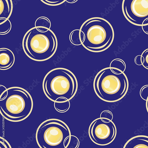 Champagne bubbles vector seamless pattern background. Hand drawn fizzy droplets indigo gold backdrop. Elegant sparkling, effervescent repeat illustration. All over print for party celebration concept