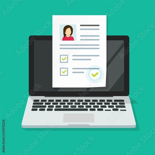 Personal interview online with skills data investigation document vector on computer laptop or internet digital recruitment test application with approval check mark list flat, human resources concept