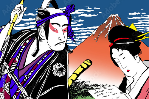 版権切れ・有名絵画の模写・赤富士と歌舞伎