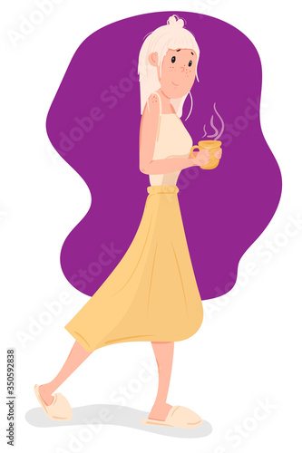 Cute young girl  in slippers at home  having coffee or hot tea. Life cozy scene. Cartoon flat vector stock illustration isolated on white background.