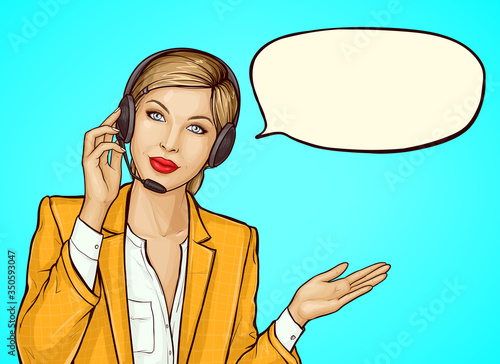 Pop art female operator consulting client on hotline. Beautiful young woman with headset with microphone. Call center, customer support, helpdesk or online service concept. Cartoon vector illustration