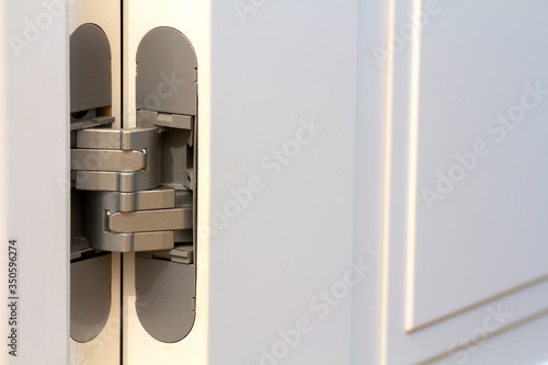 New modern metal door hinges on white wooden doors.