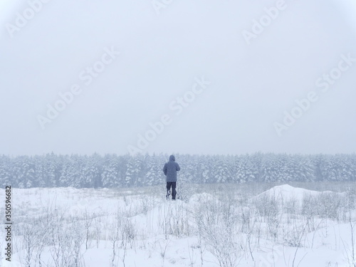 On a cold winter day, a hooded hiker is overlooking the front of a snowy wood from a small mound amidst a forest clearing. The wood had to make way for residential development. 