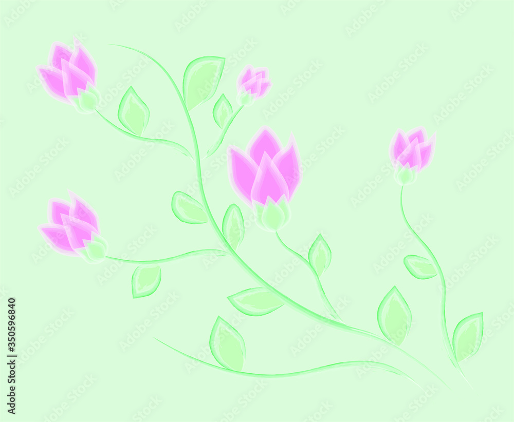 Branch with flowers and leaves. Spring flowering.