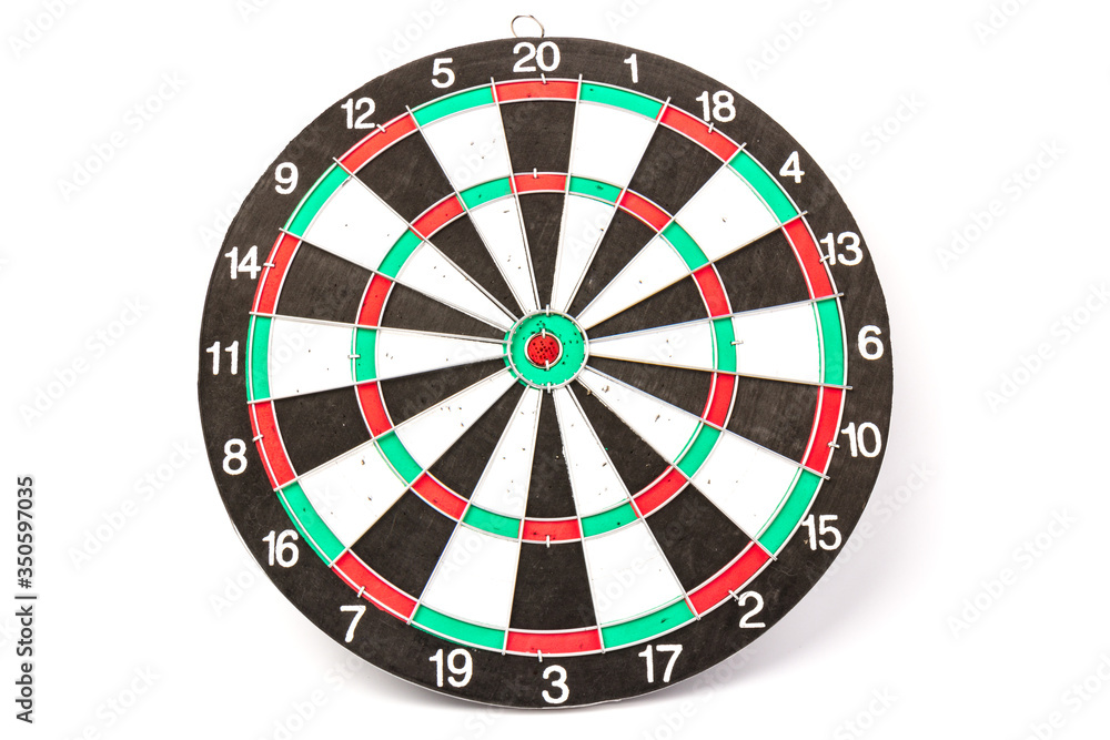 Dartboard with darts on white background, closeup. Purpose concept Dartboard with darts on white background, closeup. Purpose concept