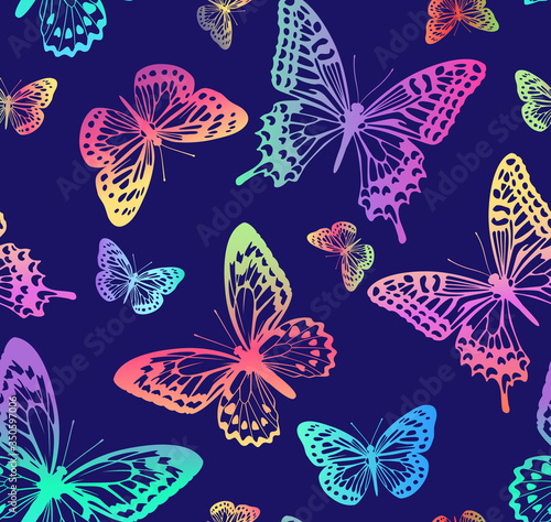 Pattern with rainbow butterflies on blue background. Suitable for curtains, wallpaper, fabrics, wrapping paper.