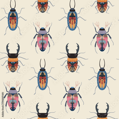 Vector seamless pattern with colorful insects, beetle, bug and hand drawn abstract texture.