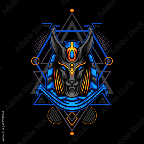 Black Blue Anubis with Geometry Ornament