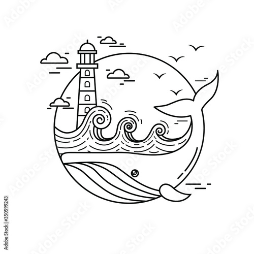 Vector linear drawing of a sea landscape. Children's coloring marine theme with a whale and a lighthouse. Seagulls fly over the ocean. Whale in the port. Sea mandala, antistress pattern.