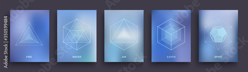 Set of Mystic Esoteric Posters. Sacred Geometry Covers Template Design. Five Minimal Ideal Platonic Solids. Tattoo Neon Hipster Backgrounds. Astrology & Astronomy Banners. Vector Illustration EPS 10 photo