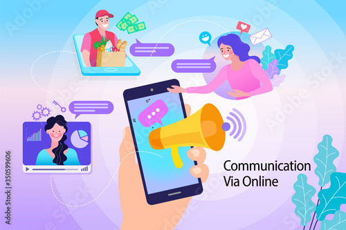 young people using mobile smartphone to share posts and news in social networks. Flat hand holds smart phone to make repost of video and news.