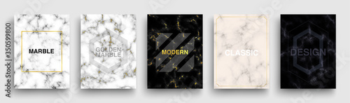 Set of Marble Texture Posters. Luxury Covers Template Design. Minimal White, Dark, Pink Marmoreal Backgrounds with Golden Line for Story layout, Shops, Social Media, Wedding Invite. Vector EPS 10