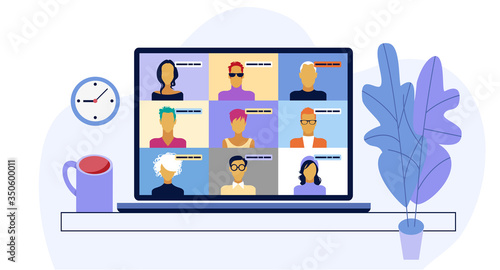 Chat with friends online. Collective virtual meeting and group video conferencing. Remote work concept