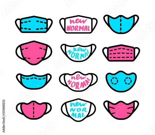 Medical mask simple icons set. With handwritten text - new normal. Vector illustration isolated on white.