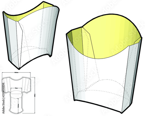 French Fries Disposable Paper Box and Die-cut Pattern. The .eps file is full scale and fully functional. Prepared for real cardboard production.