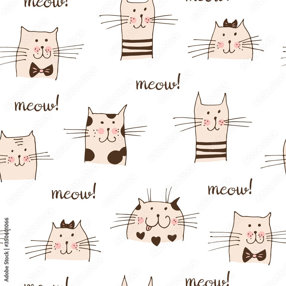 Cat faces vector seamless pattern, hand drawn cats with text Meow isolated on white background