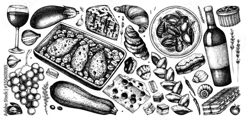 Hand drawn French food and drinks collection in color. Engraved style dishes, snacks, desserts, beverages sketches. French cuisine food illustrations. 