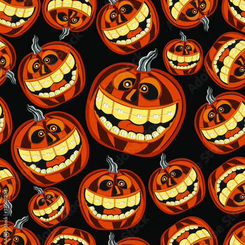 Vector seamless pattern. Endless repeating pattern. Halloween pumpkin with a smile. Pumpkin in orthodontic braces. Design for printing on textiles, paper, packaging. wallpaper.