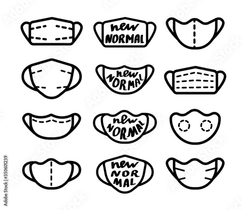 Medical mask icons set. With handwritten text - new normal. Vector illustration isolated on white.