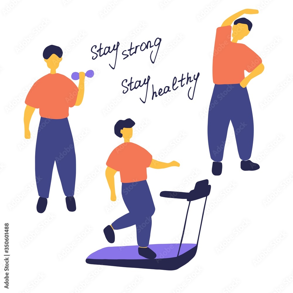 Man doing different sport exercises. Male training, workout concept. Doodle flat vector illustration