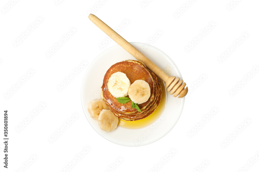 Tasty pancakes with banana and honey isolated on white background Tasty pancakes with banana and honey isolated on white background