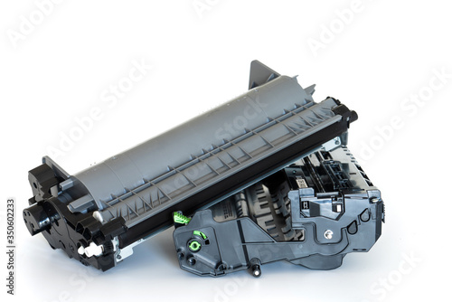 Laser printer drum and toner cartridge on white background