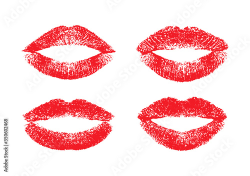 Lipstick kiss. Lips traces isolated on white background. Set women lips. Prints red kisses. Fashion makeup. Texture mouth. Imprint real female lips. Beauty collection pomade for romantic design love