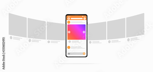 Smartphone with carousel posting interface concept Colorful gradient on the phone screen SMM on social network Great drawn smartphone in a realistic style Very easy to edit All objects isolated Vector