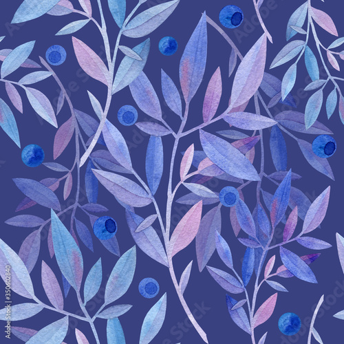 Blue foliage and berries. Seamless pattern. Watercolor work. Manual graphics.
