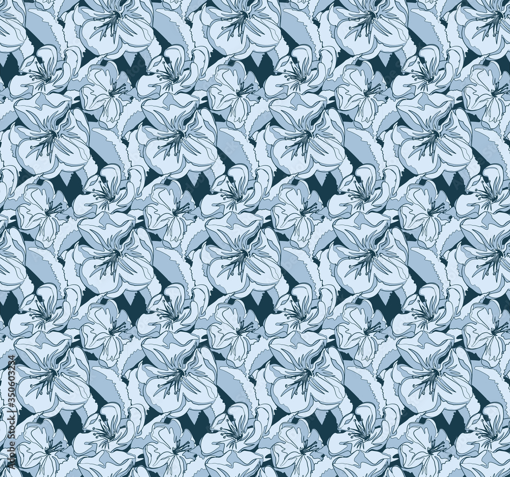 Spring blooming flowers on a branch. Seamless pattern in blue shades. Spring blooming flowers on a branch. Seamless pattern in blue shades.